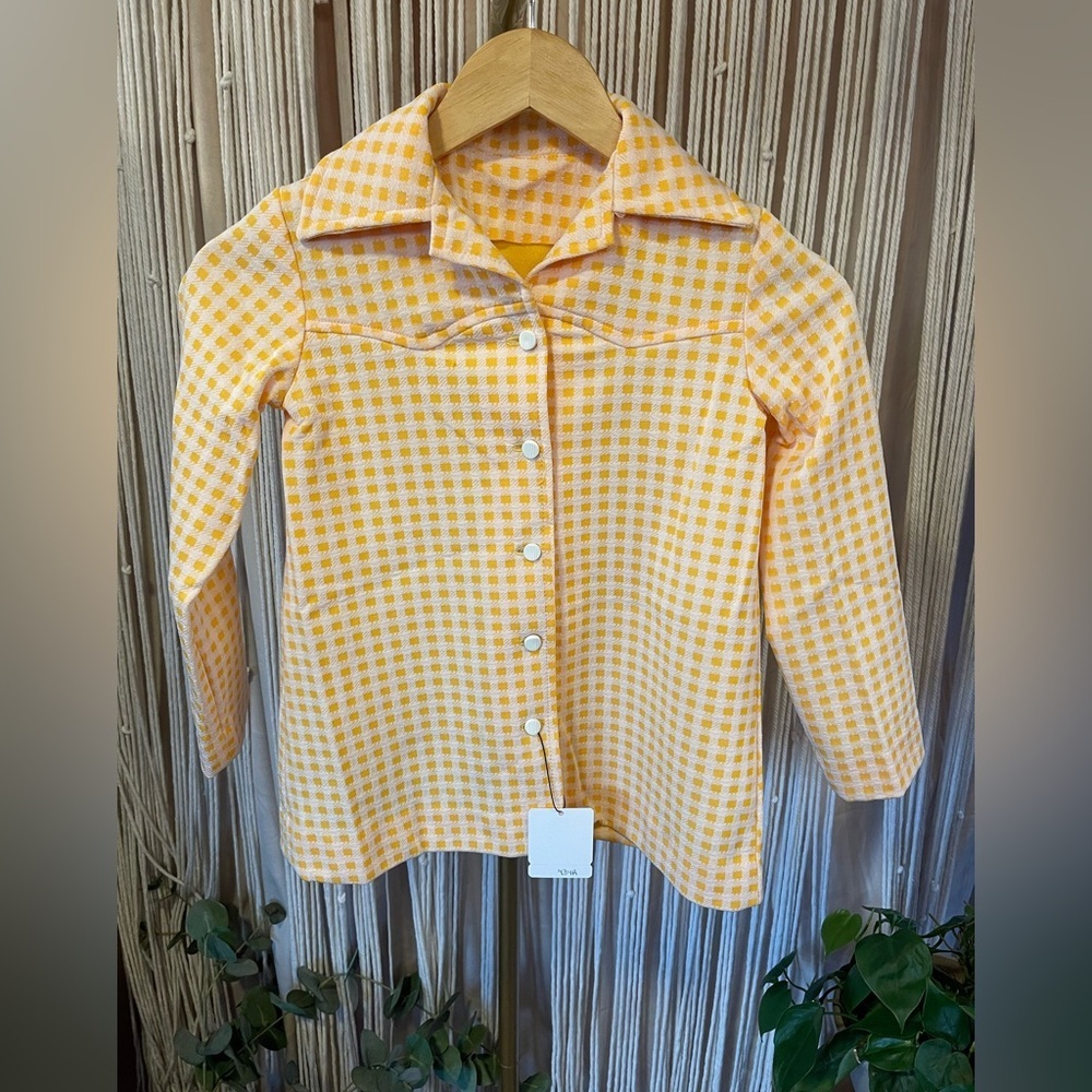 Handmade 1960s 1970s vintage kid’s gingham blouse cardigan yellow white 5T